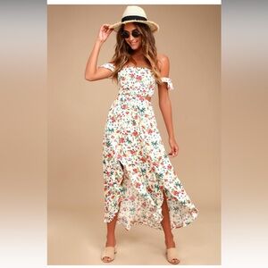 Lulus - Easy on the Eyes Cream Floral Print Off-the-Shoulder Maxi Dress